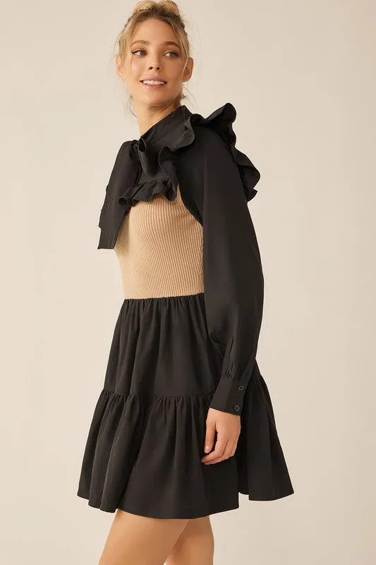 Black Mocha Long Sleeve Two Tone Ribbon Neckline Mini Dress