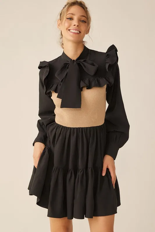 Black Mocha Long Sleeve Two Tone Ribbon Neckline Mini Dress