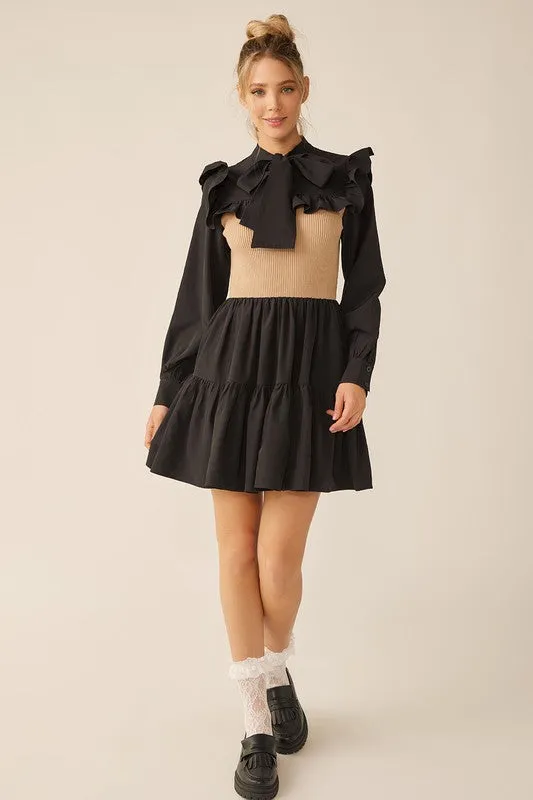 Black Mocha Long Sleeve Two Tone Ribbon Neckline Mini Dress