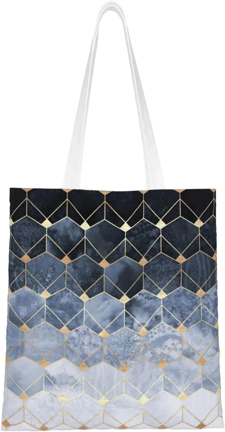 Blue Hexagons And Diamonds Print Totes, Portable Beach Bag,Reusable Grocery Bags Foldable Shopping With Handlesbags