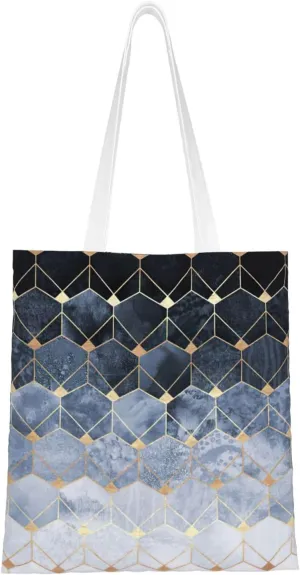 Blue Hexagons And Diamonds Print Totes, Portable Beach Bag,Reusable Grocery Bags Foldable Shopping With Handlesbags