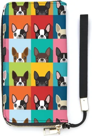 Boston Terrier Pattern Womens Wallet Zippered Long Clutch Purse Leather Handbag with Wristlet Strap