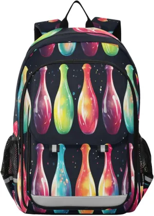 Bowling Pins Sport Backpack Kids School Bag Lightweight Laptop Backpack Elementary Capacity Student Bookbags for Travel Daypack with Reflective Stripes
