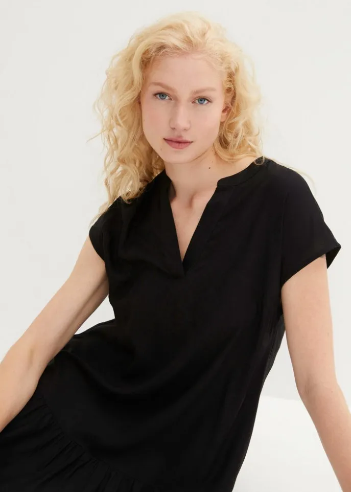 Bpc Bonprix Collection Knee Length Woven Tunic Dress with Ruffles and Henley Collar black
