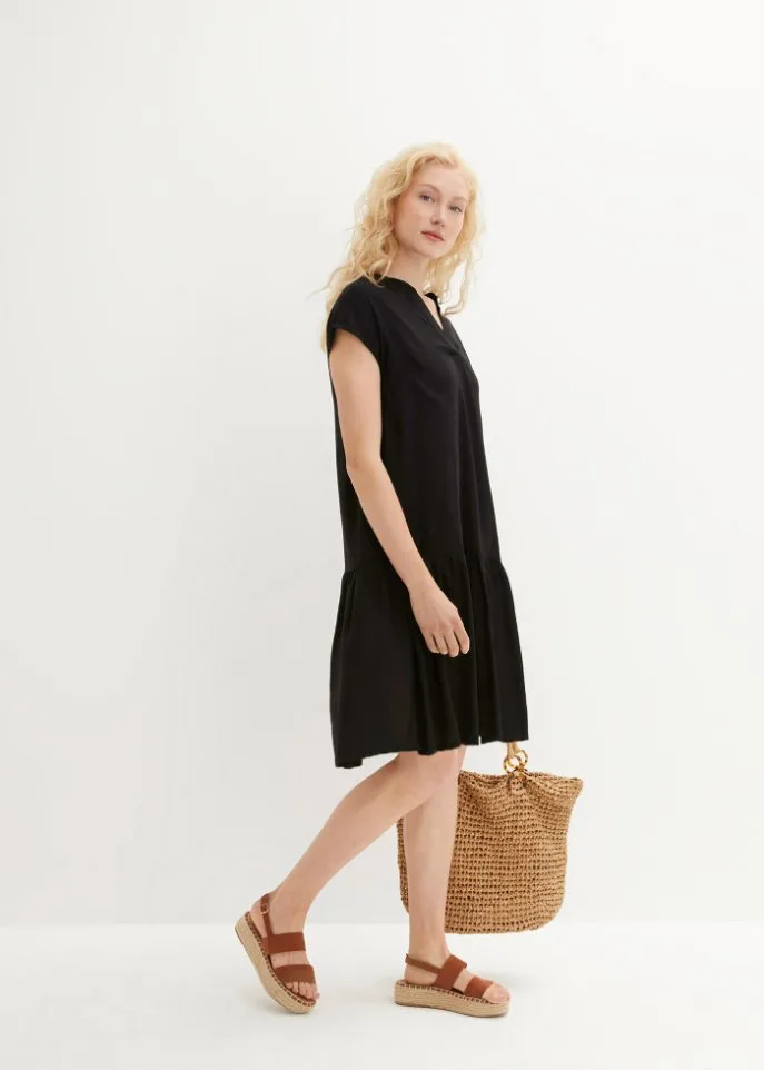 Bpc Bonprix Collection Knee Length Woven Tunic Dress with Ruffles and Henley Collar black