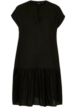 Bpc Bonprix Collection Knee Length Woven Tunic Dress with Ruffles and Henley Collar black