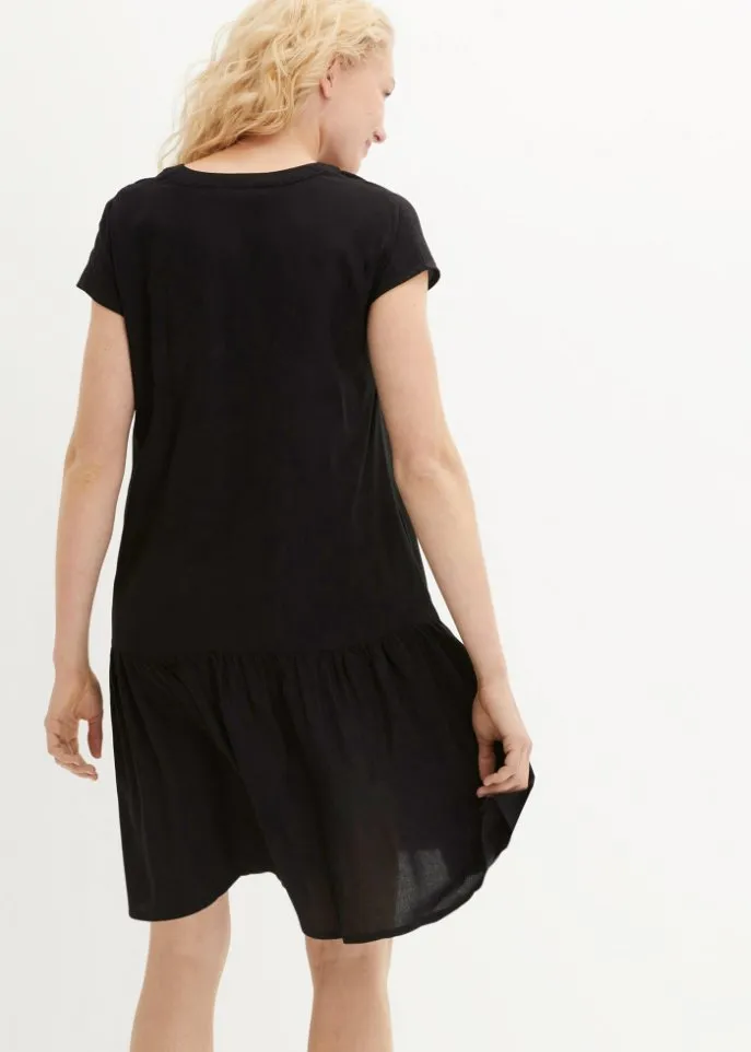 Bpc Bonprix Collection Knee Length Woven Tunic Dress with Ruffles and Henley Collar black