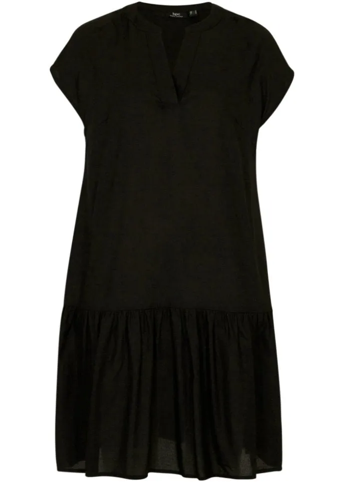 Bpc Bonprix Collection Knee Length Woven Tunic Dress with Ruffles and Henley Collar black