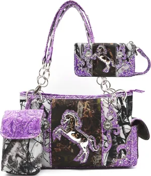 Camouflage Western Style Totes Studded Floral Handbag Tooled Leather Purse Country Women Shoulder Bag Zipper Wallet Set
