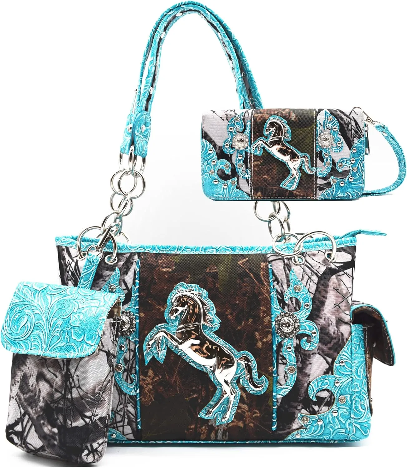 Camouflage Western Style Totes Studded Floral Handbag Tooled Leather Purse Country Women Shoulder Bag Zipper Wallet Set
