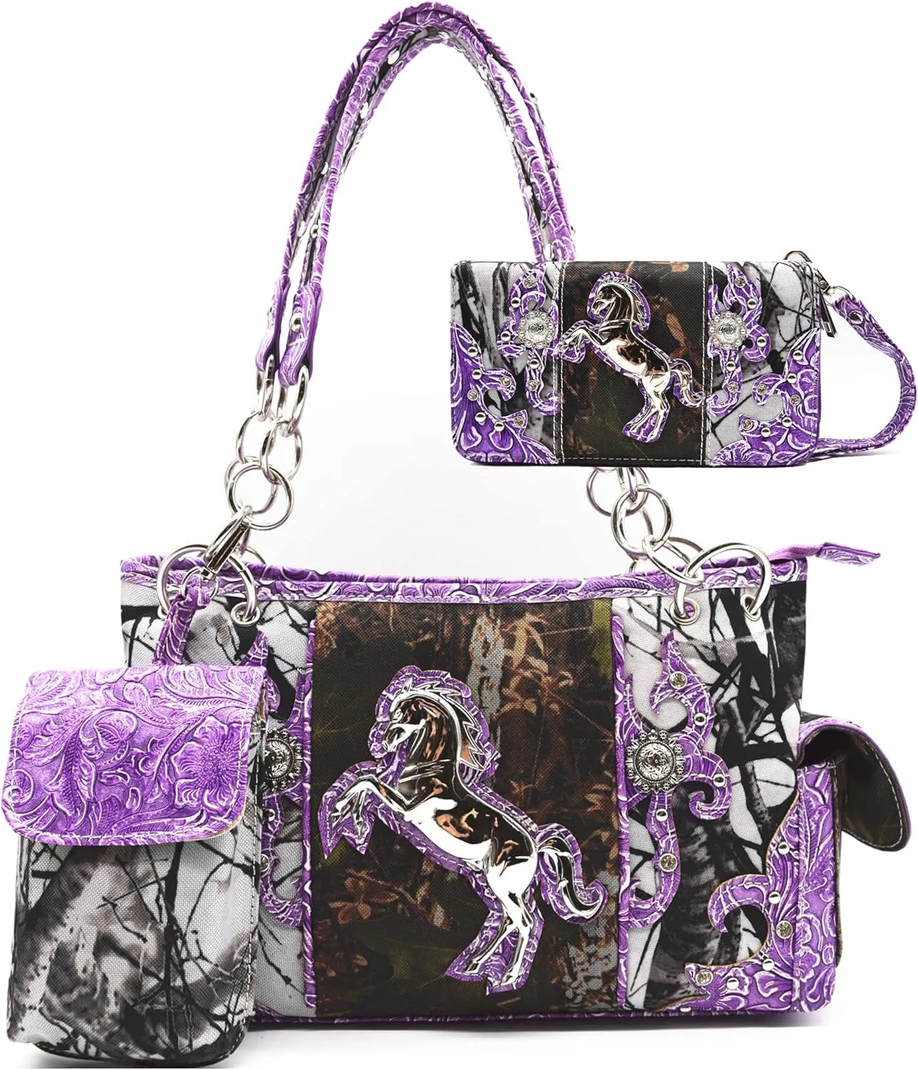 Camouflage Western Style Totes Studded Floral Handbag Tooled Leather Purse Country Women Shoulder Bag Zipper Wallet Set
