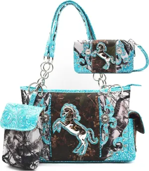 Camouflage Western Style Totes Studded Floral Handbag Tooled Leather Purse Country Women Shoulder Bag Zipper Wallet Set
