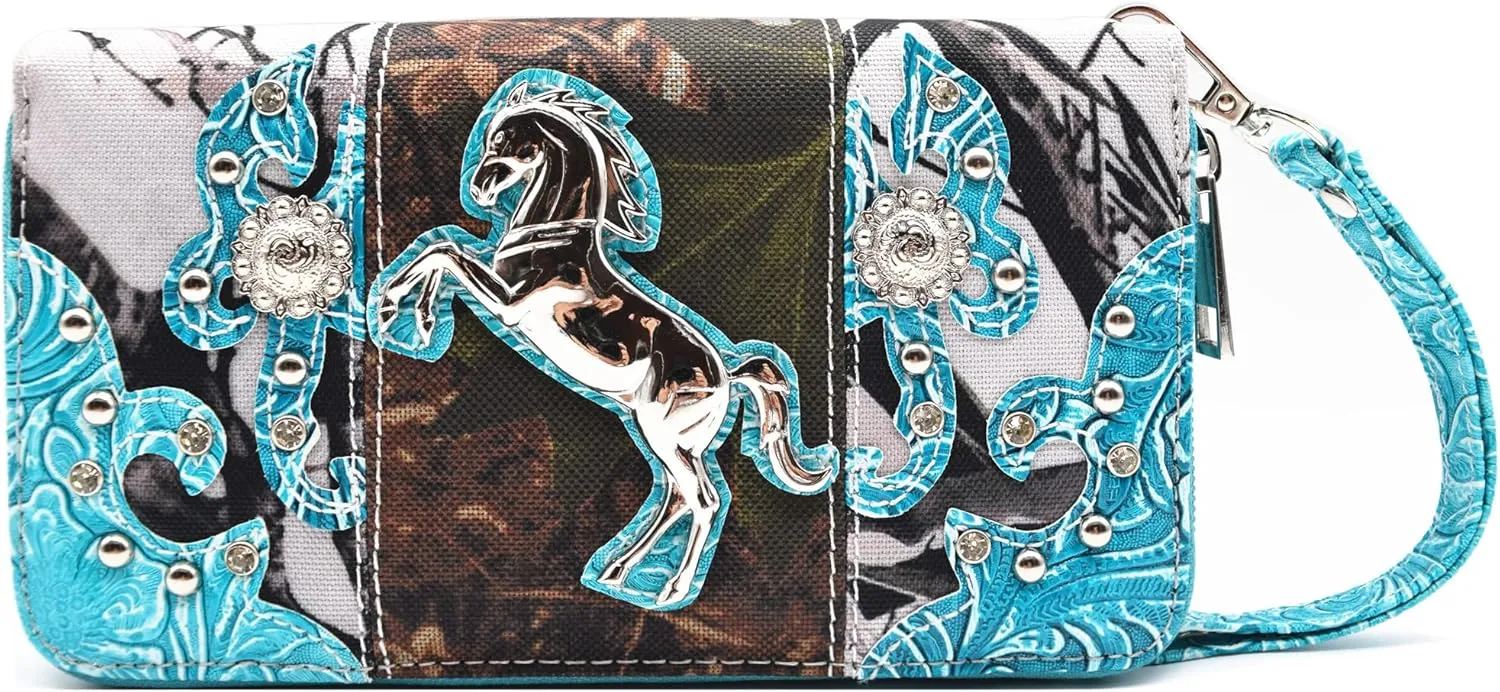 Camouflage Western Style Totes Studded Floral Handbag Tooled Leather Purse Country Women Shoulder Bag Zipper Wallet Set