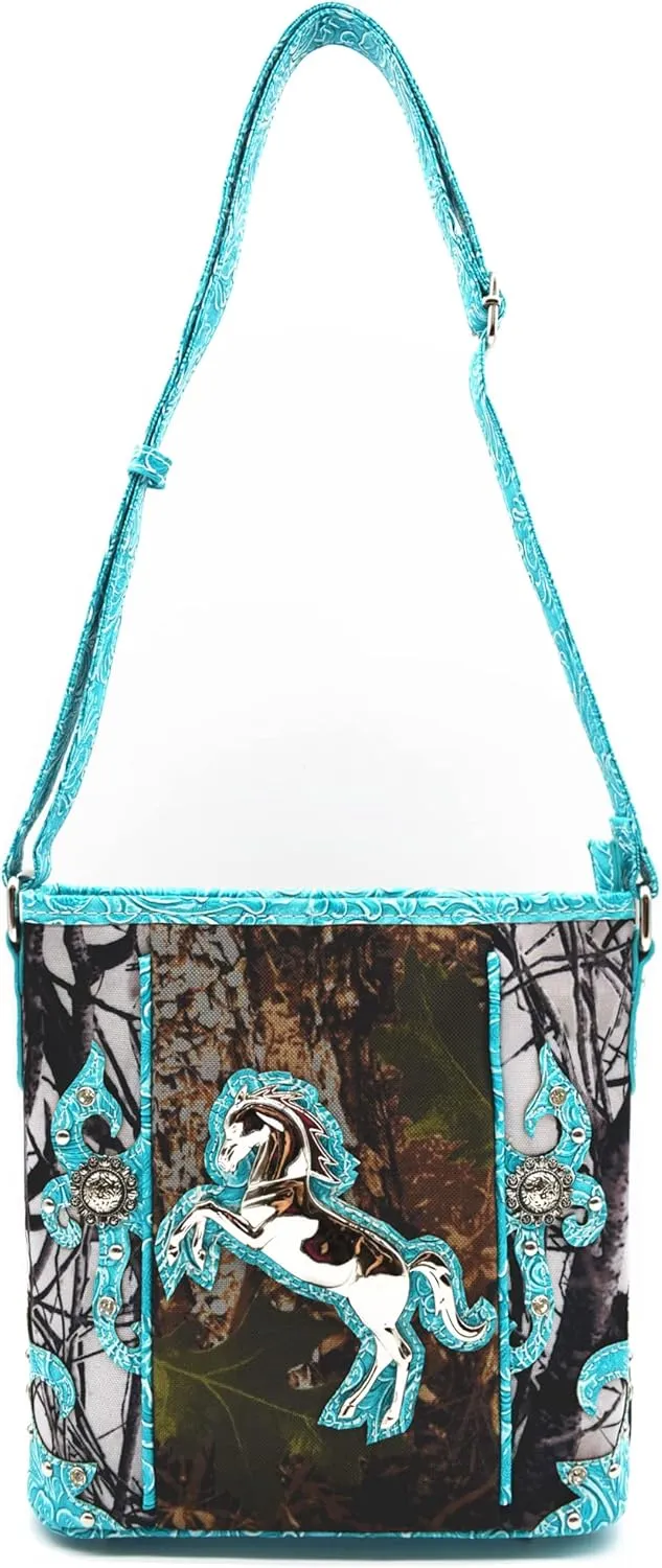 Camouflage Western Style Totes Studded Floral Handbag Tooled Leather Purse Country Women Shoulder Bag Zipper Wallet Set