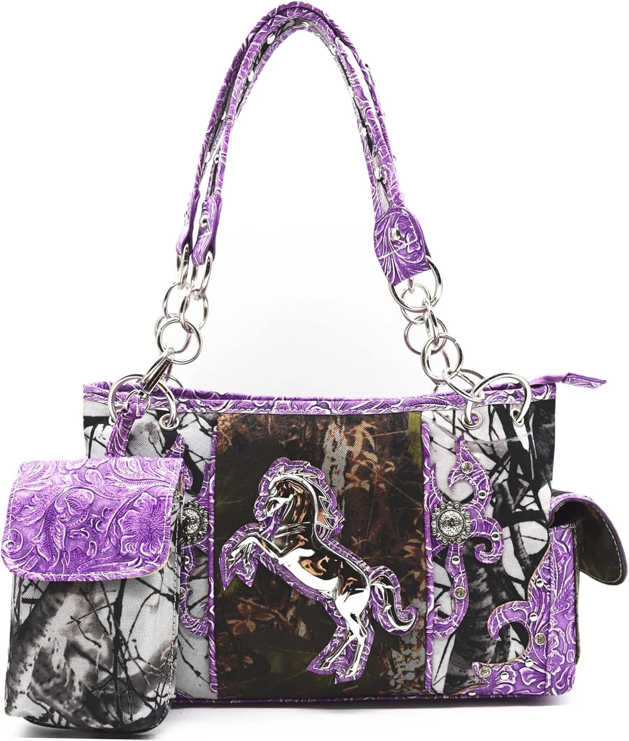 Camouflage Western Style Totes Studded Floral Handbag Tooled Leather Purse Country Women Shoulder Bag Zipper Wallet Set