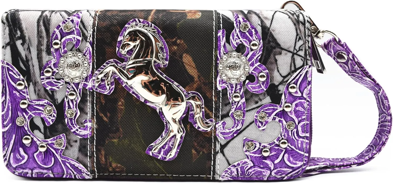 Camouflage Western Style Totes Studded Floral Handbag Tooled Leather Purse Country Women Shoulder Bag Zipper Wallet Set