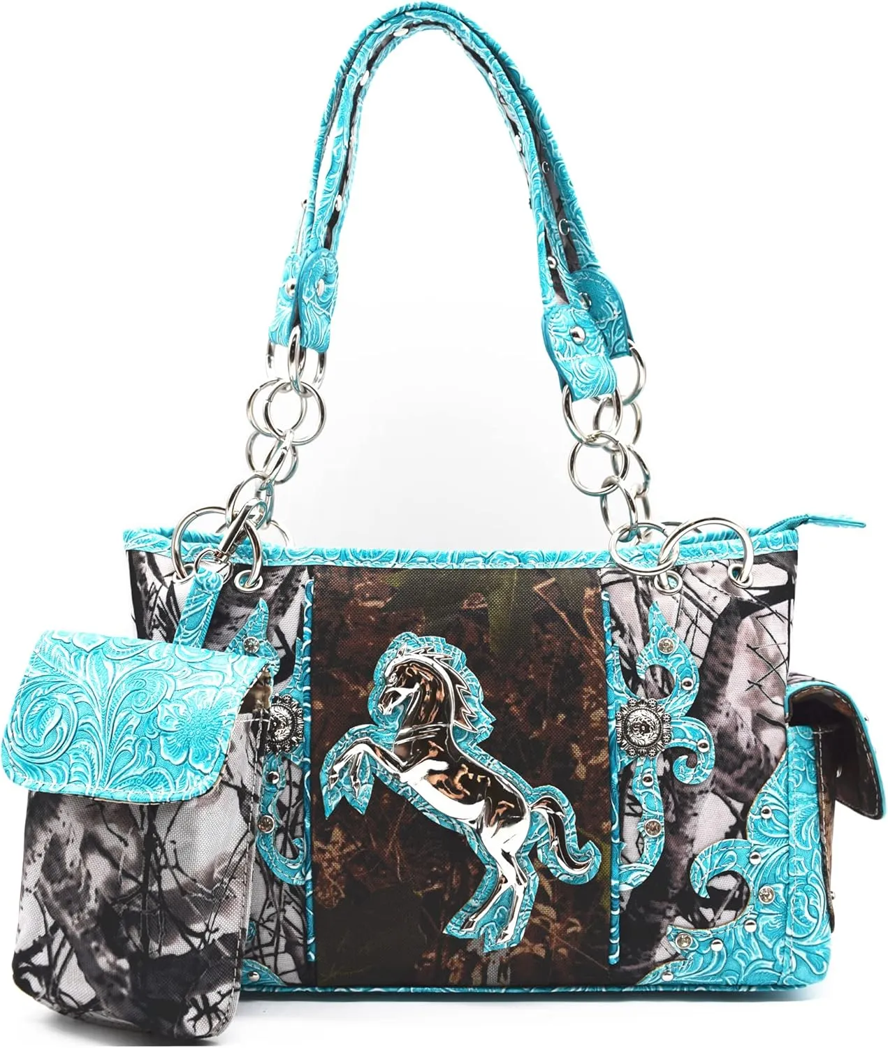 Camouflage Western Style Totes Studded Floral Handbag Tooled Leather Purse Country Women Shoulder Bag Zipper Wallet Set