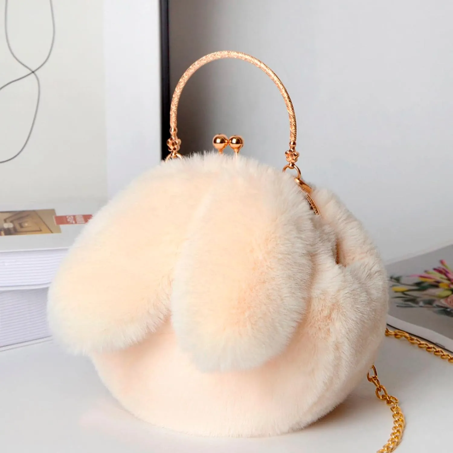 Canvas Tote Bag Cute Rabbit Puffer Bags Outdoor Round Cat Ear Plush Shoulder Bag Casual Shopping Messenger Bag