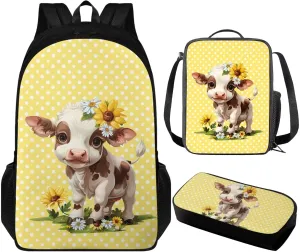 Cartoon Cow Cute Backpacks for Kids Girls 9-10 Kawaii Lightweight Big Backpacks for High School Teen Girls 17 inch School Bookbag Kindergarten 3 Pcs Backpack Set for Elementary