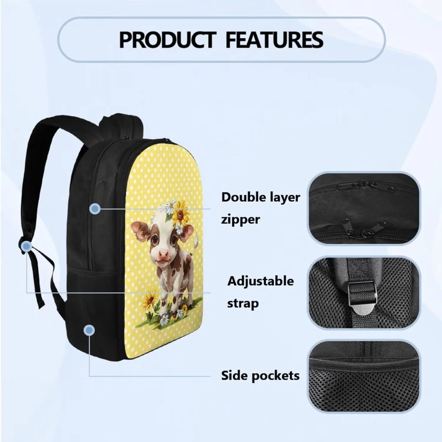 Cartoon Cow Cute Backpacks for Kids Girls 9-10 Kawaii Lightweight Big Backpacks for High School Teen Girls 17 inch School Bookbag Kindergarten 3 Pcs Backpack Set for Elementary