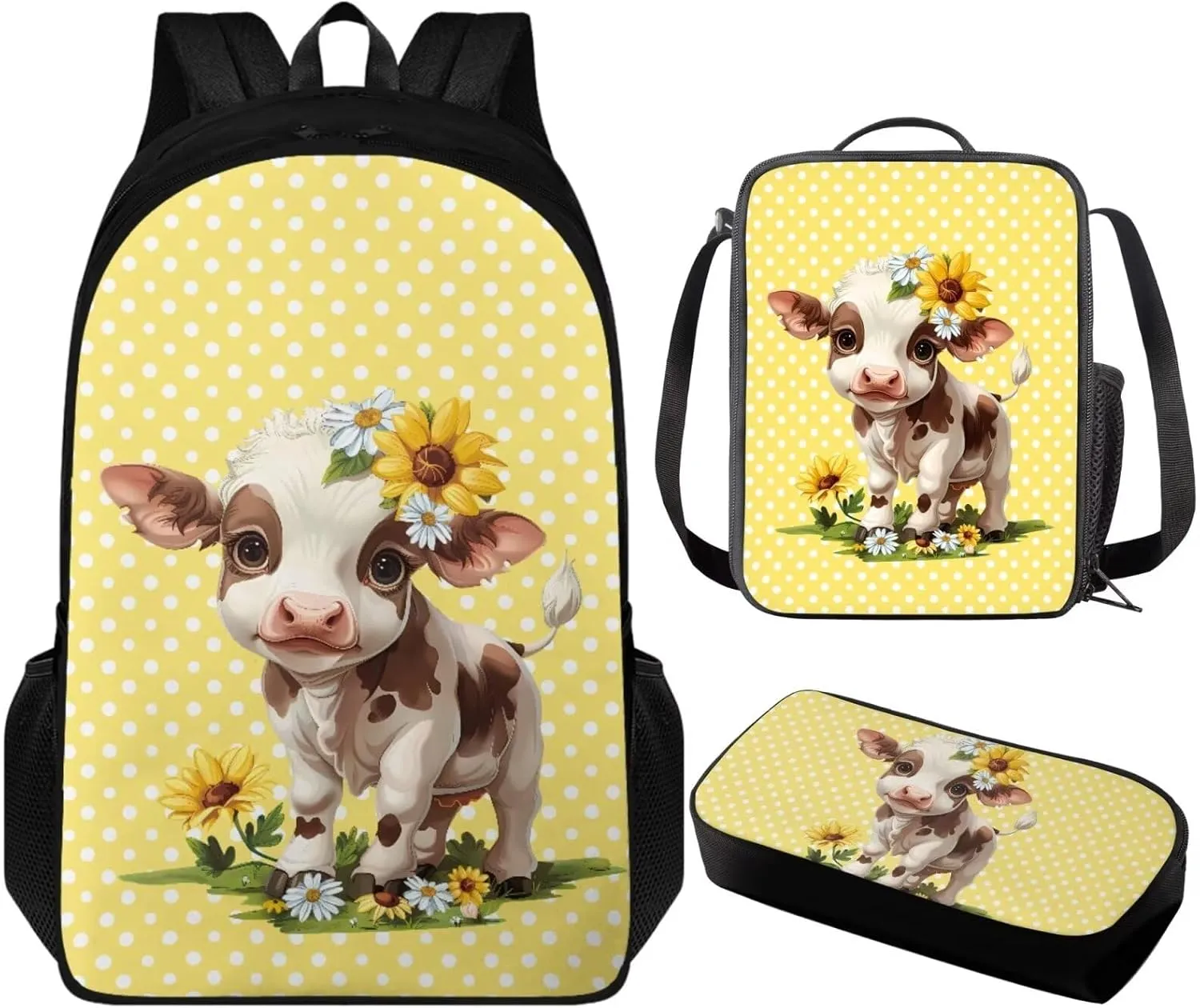 Cartoon Cow Cute Backpacks for Kids Girls 9-10 Kawaii Lightweight Big Backpacks for High School Teen Girls 17 inch School Bookbag Kindergarten 3 Pcs Backpack Set for Elementary