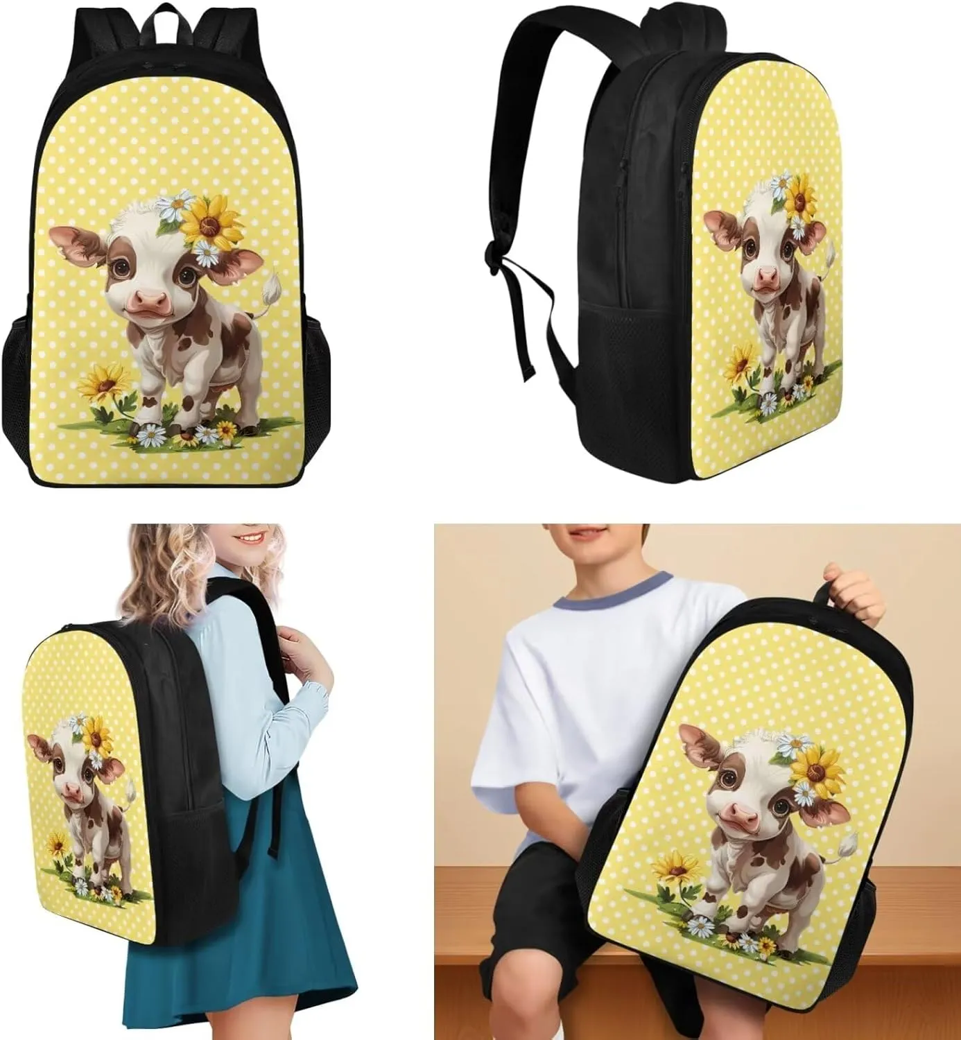 Cartoon Cow Cute Backpacks for Kids Girls 9-10 Kawaii Lightweight Big Backpacks for High School Teen Girls 17 inch School Bookbag Kindergarten 3 Pcs Backpack Set for Elementary