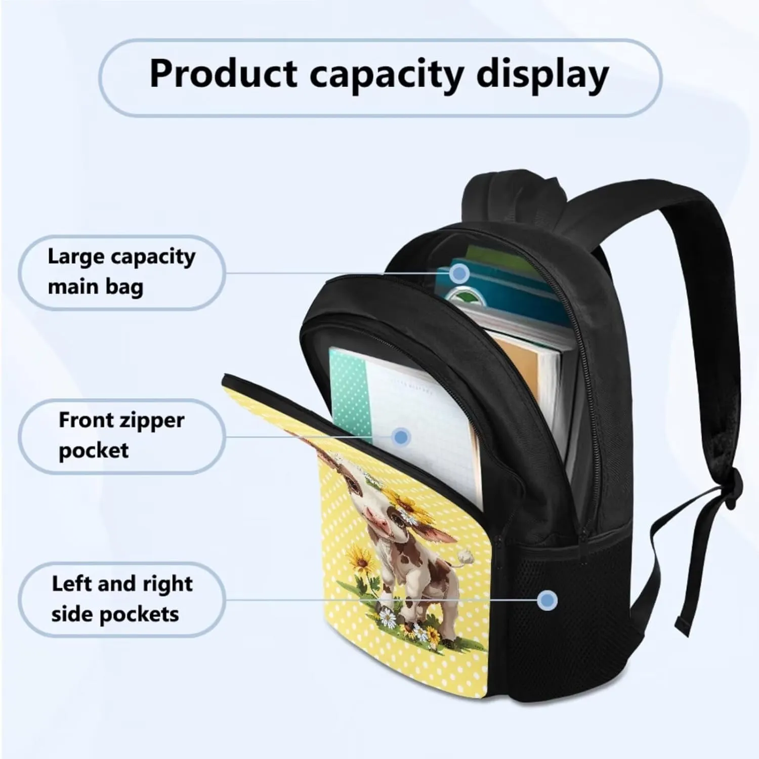 Cartoon Cow Cute Backpacks for Kids Girls 9-10 Kawaii Lightweight Big Backpacks for High School Teen Girls 17 inch School Bookbag Kindergarten 3 Pcs Backpack Set for Elementary