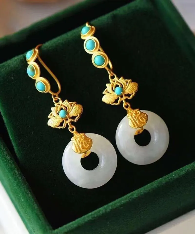 Casual Blue Sterling Silver Overgild Inlaid Pearl Turquoise Drop Earrings LY7839
