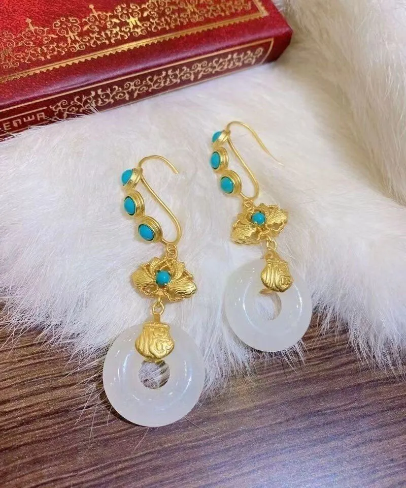 Casual Blue Sterling Silver Overgild Inlaid Pearl Turquoise Drop Earrings LY7839