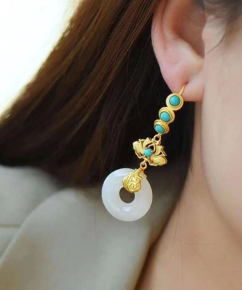 Casual Blue Sterling Silver Overgild Inlaid Pearl Turquoise Drop Earrings LY7839