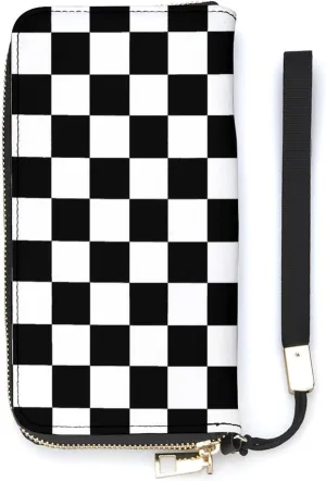 Checkerboard Black White Checkered Wallet Leather Card Holder Purse Clutch Phone Pocket Credit Card Holder with Wristlet Strap