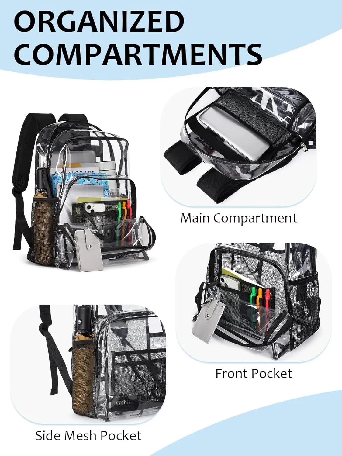 Clear Backpack Heavy Duty, 17 Inch Large TPU Clear Bookbag for Boys Girls Adult, See Through Book Bag Transparent Backpacks with Multiple Pockets for School College Work Casual Sport, Black