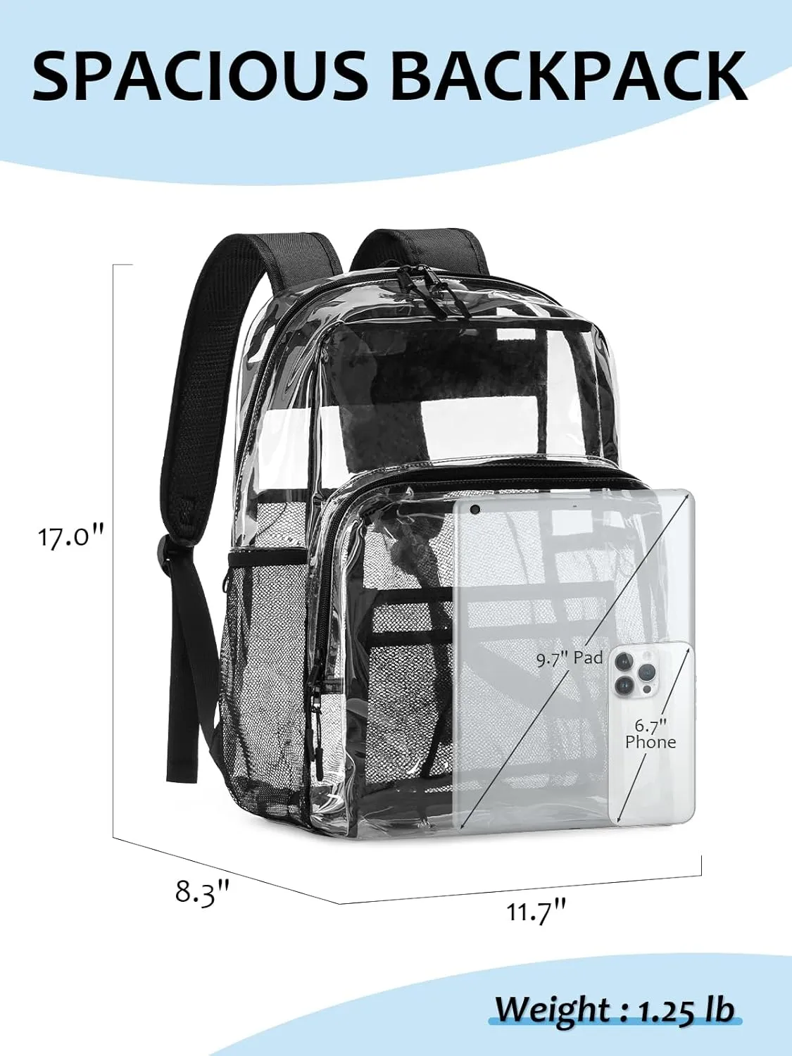 Clear Backpack Heavy Duty, 17 Inch Large TPU Clear Bookbag for Boys Girls Adult, See Through Book Bag Transparent Backpacks with Multiple Pockets for School College Work Casual Sport, Black