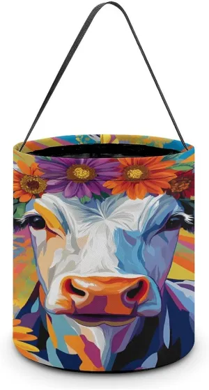 Colorful Farm Cow Daisy Flower Halloween Candy Bag Candy Tote Bucket Gift Bags Party Supplies for Women Men