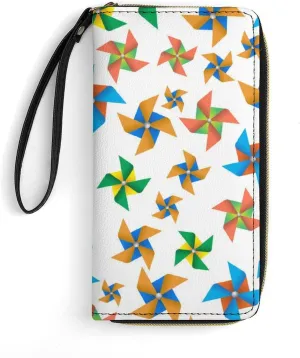 Colorful Windmill Pinwheel Women's Wallet Long Clutch Purse with Wristlet Strap Zipper Phone Handbag