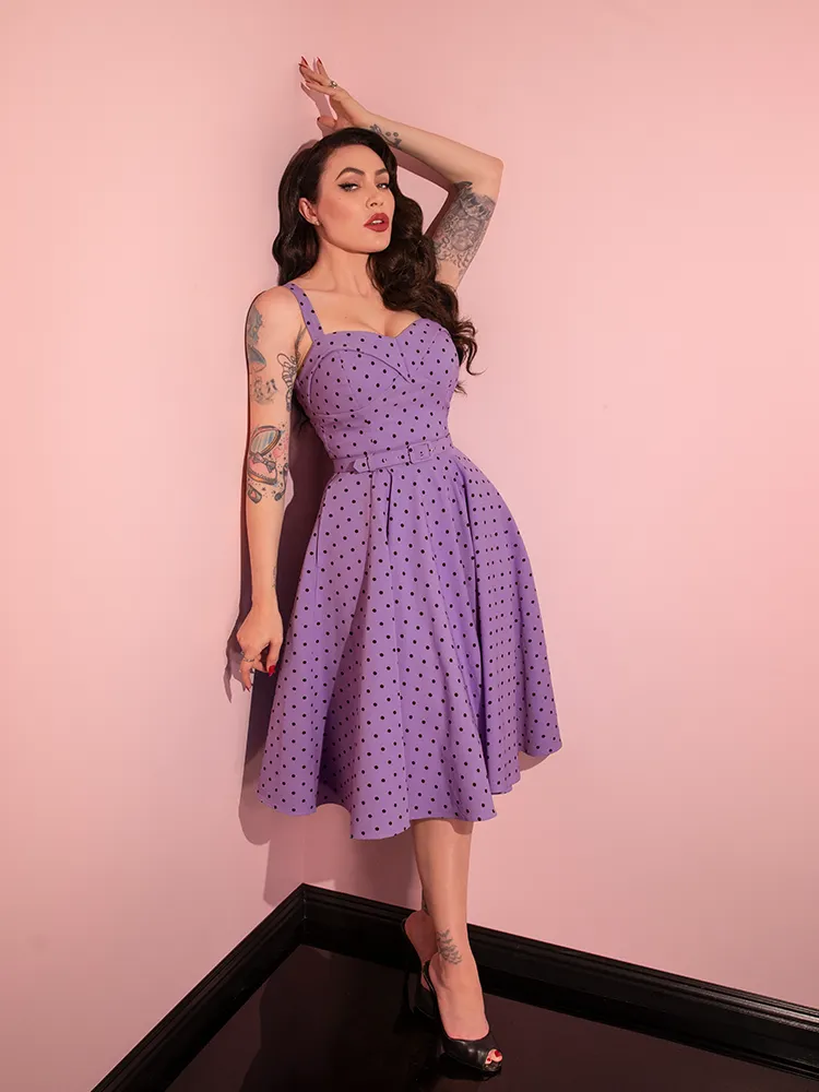COMING BACK SOON - Maneater Swing Dress in Sunset Purple Polka Dot - Vixen by Micheline Pitt