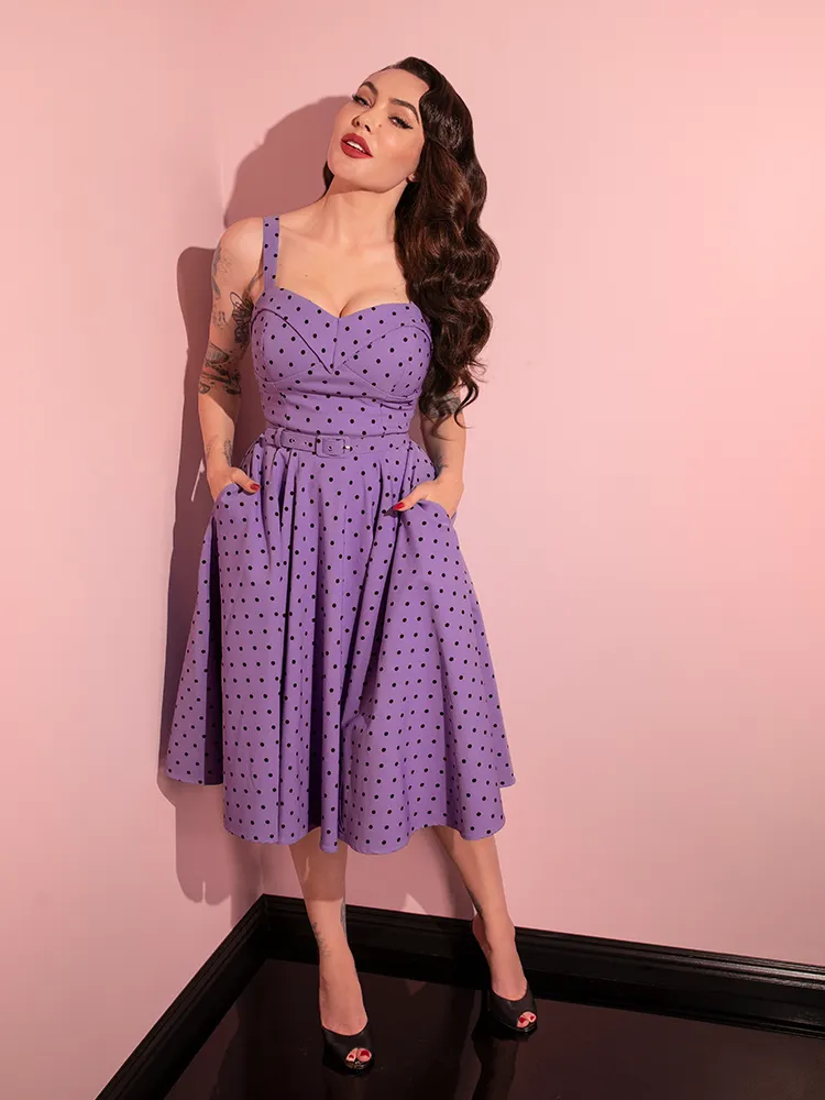 COMING BACK SOON - Maneater Swing Dress in Sunset Purple Polka Dot - Vixen by Micheline Pitt