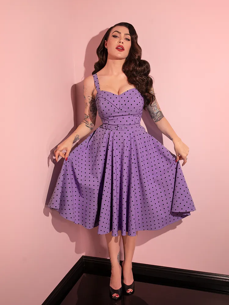 COMING BACK SOON - Maneater Swing Dress in Sunset Purple Polka Dot - Vixen by Micheline Pitt