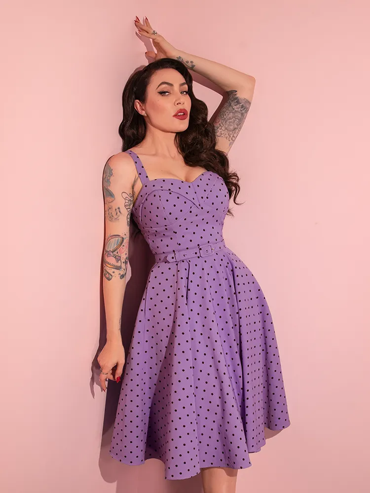 COMING BACK SOON - Maneater Swing Dress in Sunset Purple Polka Dot - Vixen by Micheline Pitt