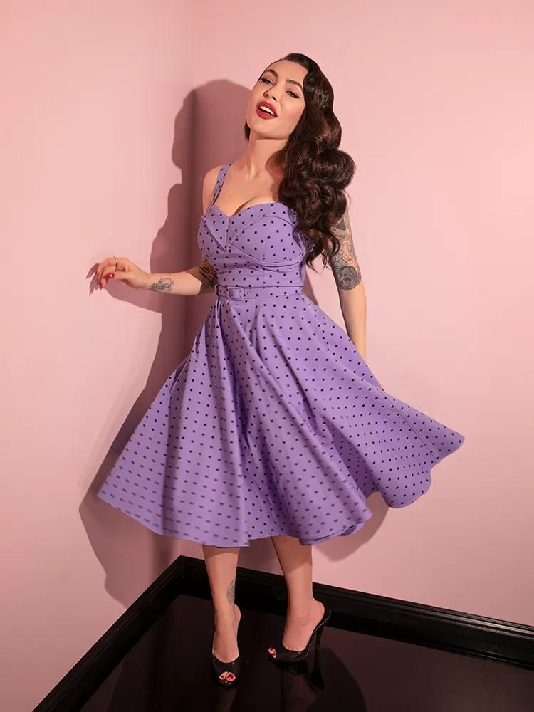 COMING BACK SOON - Maneater Swing Dress in Sunset Purple Polka Dot - Vixen by Micheline Pitt