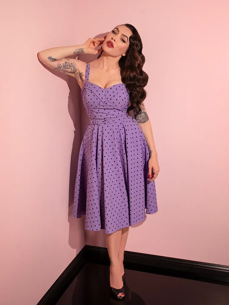 COMING BACK SOON - Maneater Swing Dress in Sunset Purple Polka Dot - Vixen by Micheline Pitt