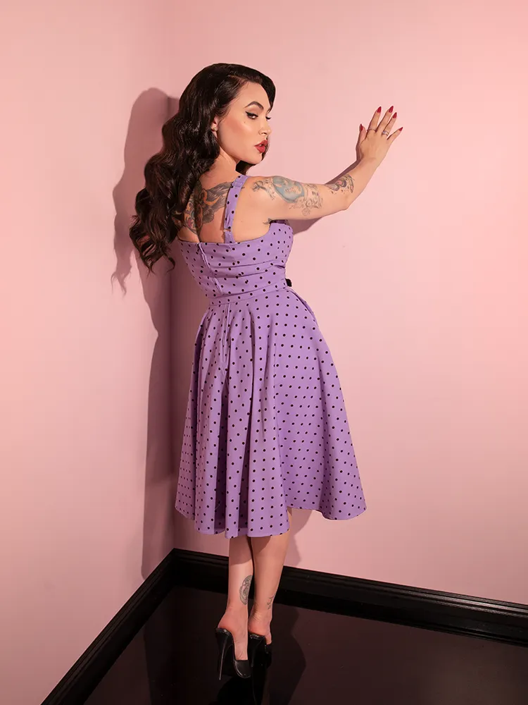COMING BACK SOON - Maneater Swing Dress in Sunset Purple Polka Dot - Vixen by Micheline Pitt