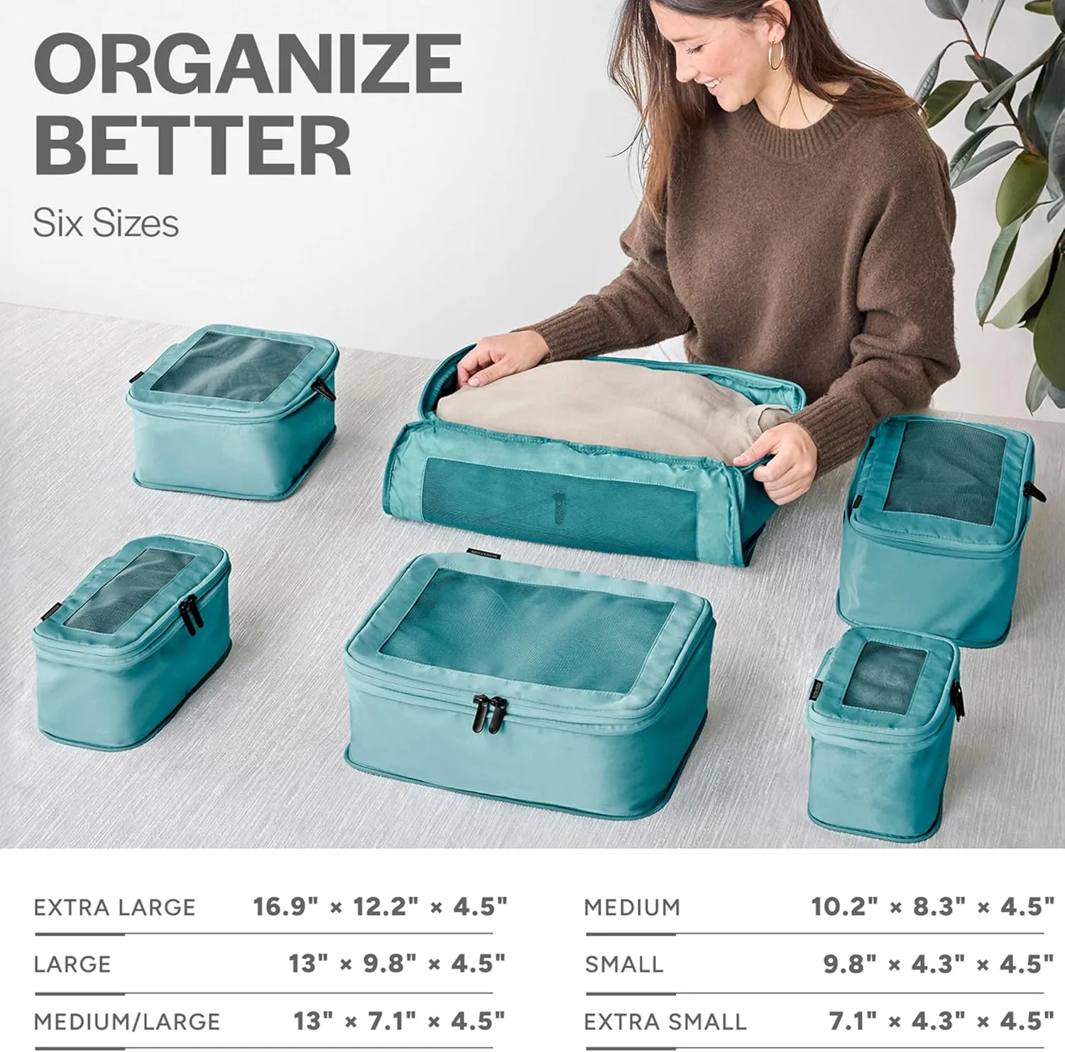 Compression Packing Cubes for Travel - Luggage Organizer Bags - Double Zipper Packing Cubes for Suitcases (6-Pack, Teal)