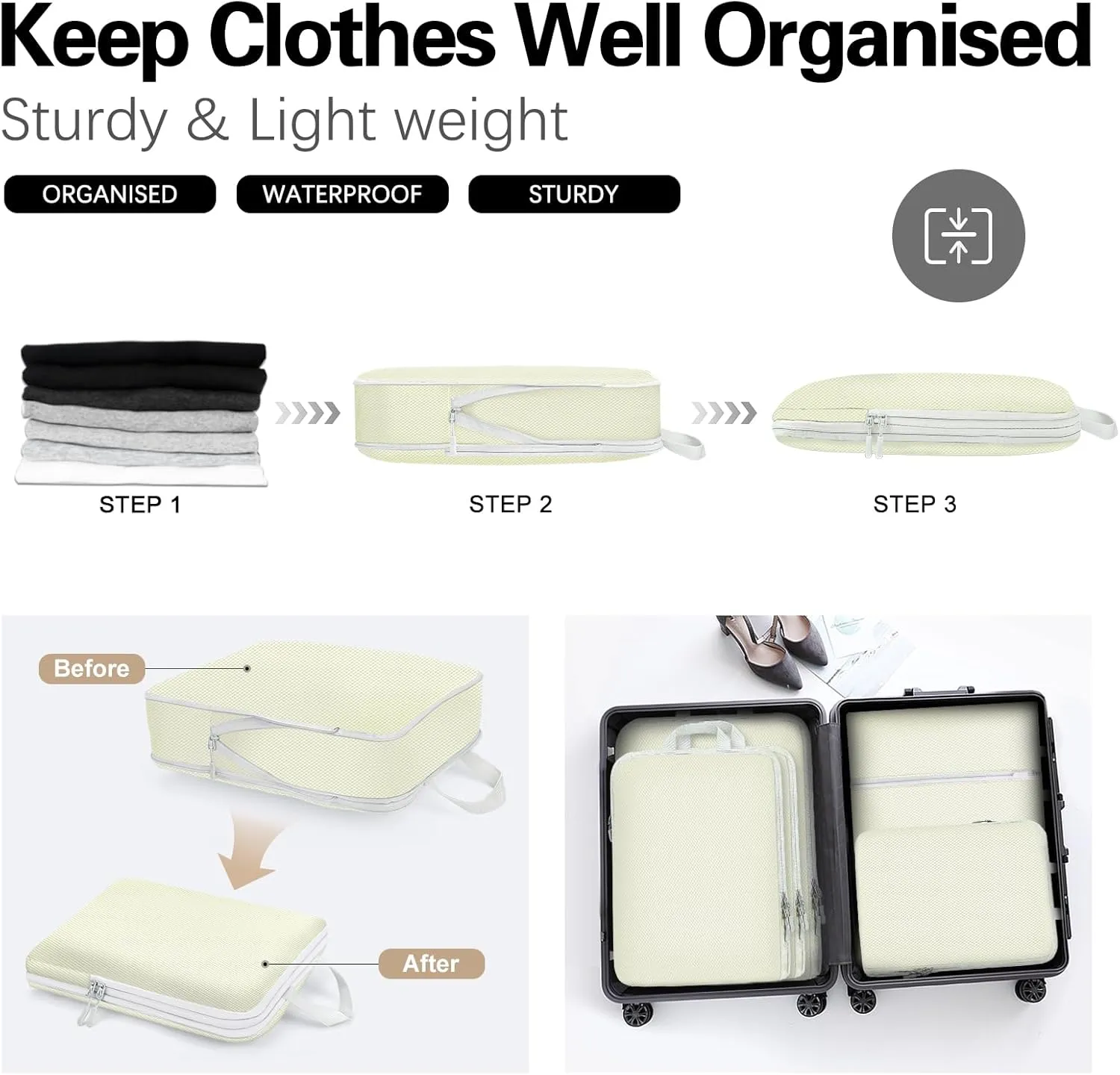 Compression Packing Cubes for Travel,Waterproof Packing Compression Cubes for Travel Packing Organizers,Luggage Cubes for Packing,Ultralight Expandable Packing Cubes Compression (Beige 5 Pack)