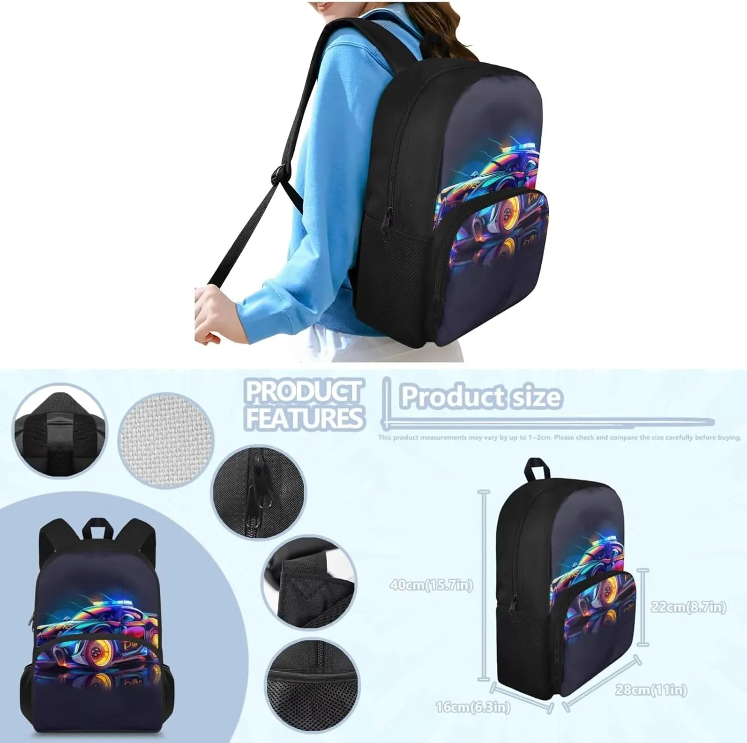 Cool Car Kids Backpacks for School Boys Middle School Backpack for Girls Bento Box Lunch Bag Insulated for School Water Bottle Cover and Pencil Box Cute Kids Backpacks Boys