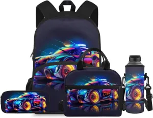 Cool Car Kids Backpacks for School Boys Middle School Backpack for Girls Bento Box Lunch Bag Insulated for School Water Bottle Cover and Pencil Box Cute Kids Backpacks Boys