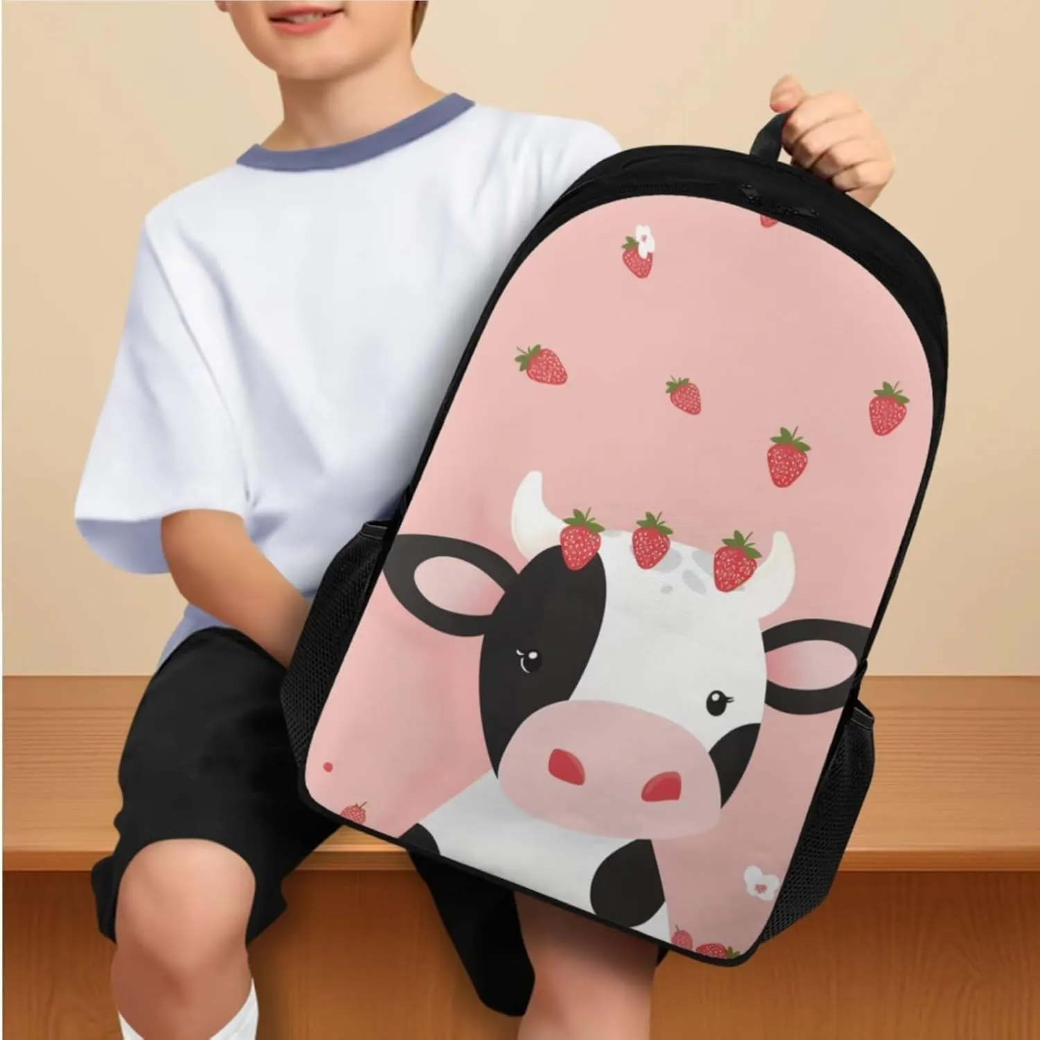 Cow Cute Middle School Backpacks for Girls Strawberry School Bag 4Pcs School Bag Set School Backpack for Girls Kids' Backpacks with Bento Lunch Box Containers Pencil Case