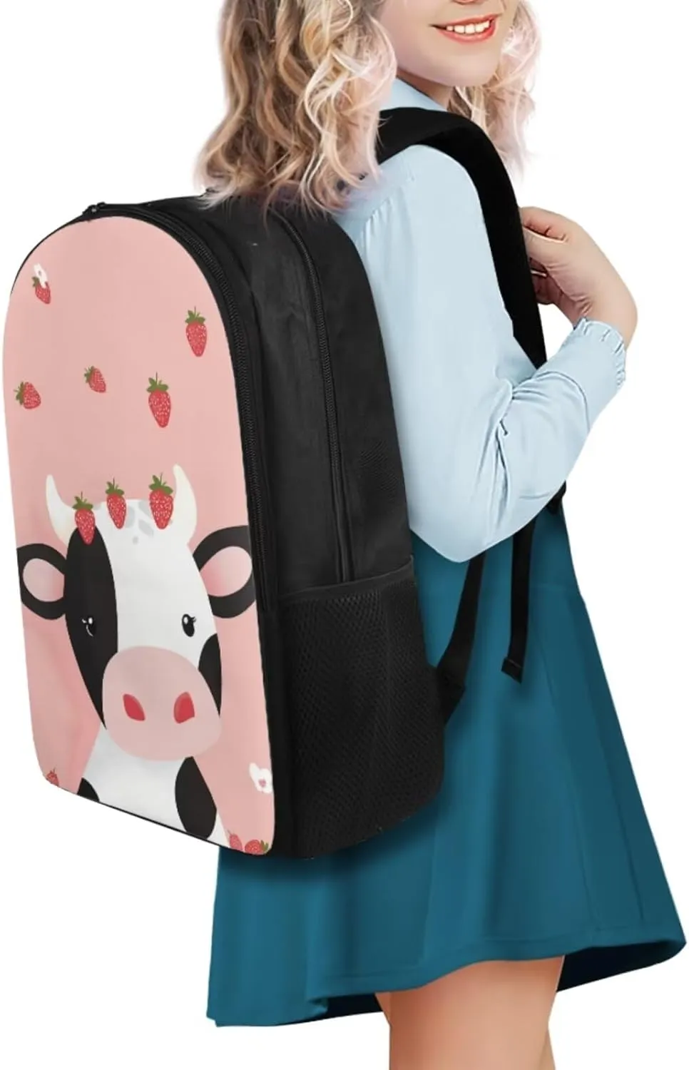 Cow Cute Middle School Backpacks for Girls Strawberry School Bag 4Pcs School Bag Set School Backpack for Girls Kids' Backpacks with Bento Lunch Box Containers Pencil Case