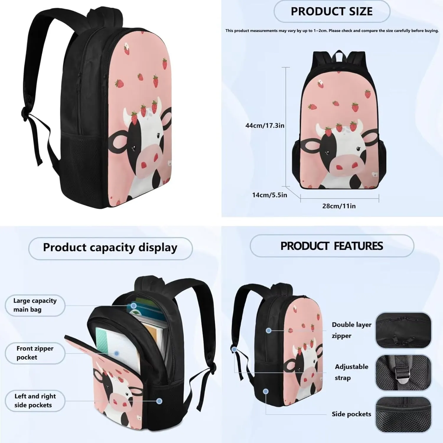 Cow Cute Middle School Backpacks for Girls Strawberry School Bag 4Pcs School Bag Set School Backpack for Girls Kids' Backpacks with Bento Lunch Box Containers Pencil Case