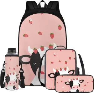 Cow Cute Middle School Backpacks for Girls Strawberry School Bag 4Pcs School Bag Set School Backpack for Girls Kids' Backpacks with Bento Lunch Box Containers Pencil Case